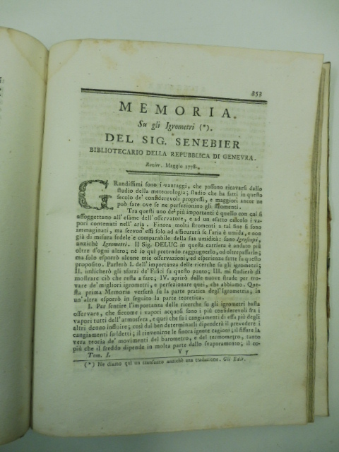 Memoria su gli igrometri del sig. Senebier bibliotecario della Repubblica di Genevra. Rozier, maggio 1778